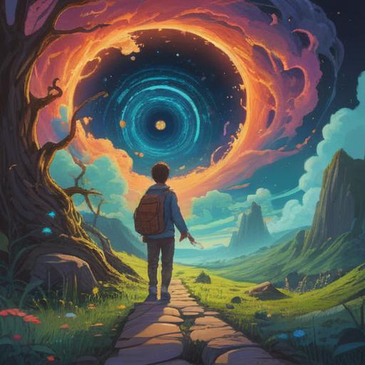 A metaphorical representation of tinnitus as a journey, symbolic sound waves emanating from ears, a winding path representing life changes, trees and obstacles along the way, sunrise in the background symbolizing new beginnings, reflective facial expression on a traveler, artistic and surreal imagery, vibrant colors, 4k