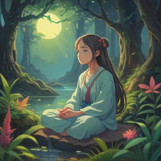 A mystical illustration depicting the spiritual significance of ear pain, a serene figure meditating in nature, ethereal light surrounding the figure, symbolic representations of healing energies, vibrant colors, detailed flora and fauna, harmonious atmosphere, gentle abstraction, 4k
