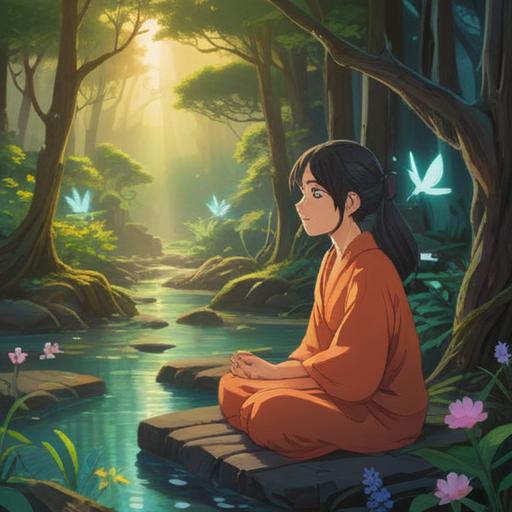 A serene, calming scene depicting a person practicing mindfulness, soft ambient lighting, warm colors, peaceful expression, surrounded by nature, gentle breeze, representing comfort and reassurance, focus on breathing techniques, encouraging self-care, inspirational atmosphere, tranquil setting, 4k