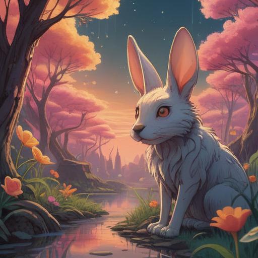 A mystical illustration of droopy ears symbolizing spiritual wisdom, soft and ethereal lighting, serene environment, gentle expressions, elements of nature around, deep connection with the universe, calming colors, intricate details, 4k