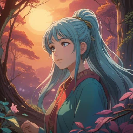 A serene and mystical scene featuring an ethereal figure with elongated earlobes, surrounded by a gentle aura, soft light illuminating the surroundings, lush nature with vibrant flowers, a tranquil water stream reflecting the sky, symbols of spiritual growth and harmony, peaceful expression, dreamy atmosphere, 4k