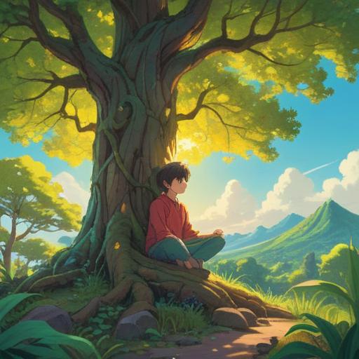 A serene and mystical landscape, featuring a person meditating under a large tree, gentle sunlight filtering through the leaves, symbolic imagery of ear lobe drooping, ethereal glow surrounding the figure, signs of spiritual awakening, tranquil environment, harmonious nature elements, 4k