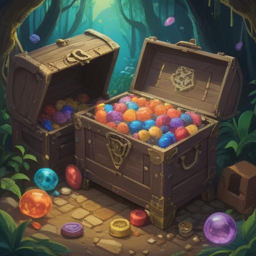 A whimsical scene depicting a superstitious belief in lucky items when feeling earlobe droops, an open treasure chest filled with colorful charms, symbols of good fortune like four-leaf clovers and horseshoes, a gentle breeze rustling the grass, a sunny sky above, cheerful characters expressing joy and wonder, vibrant colors, fairy-tale atmosphere, 4k