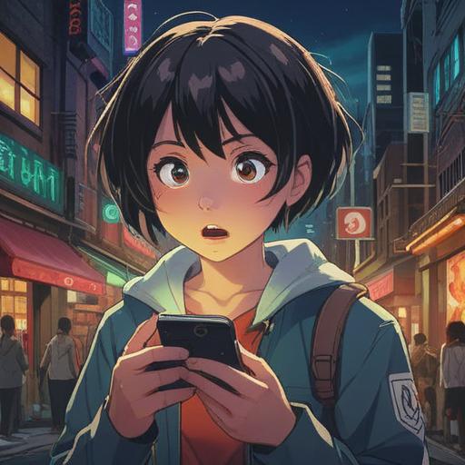 A person receiving an important message at their ear, surprised expression, holding a smartphone, dynamic motion, urban setting, soft glow of streetlights, night scene, vivid colors, sense of urgency, detailed facial features, 4k