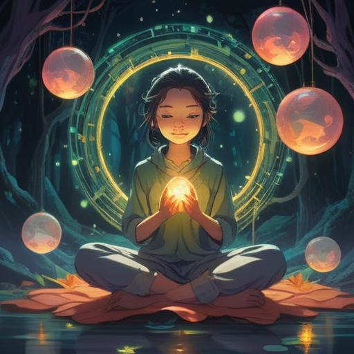 A serene and mystical illustration, a person meditating with closed eyes, soft glowing orbs of energy around their ears, ethereal musical notes floating in the air, lush nature background with vibrant colors, calm atmosphere, spiritual awakening, harmonizing vibes, 4k