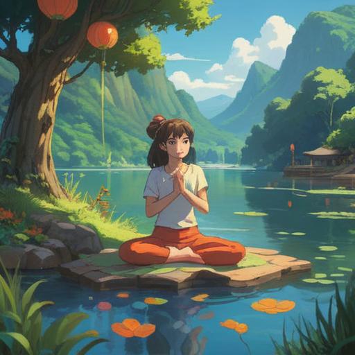 A vibrant and healthy lifestyle scene, showcasing a person practicing yoga by a serene lake, surrounded by lush greenery, with healthy foods like fruits and vegetables nearby, a glowing aura around the jaw area symbolizing activated energy, bright sunlight filtering through leaves, promoting relaxation and mindfulness, balance and harmony, 4k