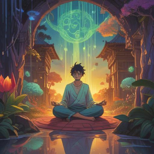 A serene and mystical illustration, vibrant colors, ethereal atmosphere, symbolic representation of inner discomfort, a person meditating with an aura of energy around the ears, floating spiritual symbols, harmonious setting, beautiful nature background, 4k
