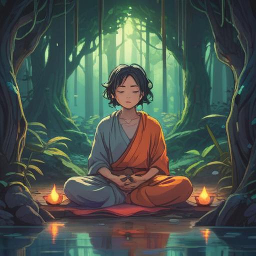 A serene and mystical illustration, a person meditating with eyes closed, gentle light glowing around the head, symbolic representations of positive energy flowing, abstract shapes representing spiritual signs, a calm and harmonious atmosphere, nature elements such as trees and flowing water in the background, soft pastel colors, spiritual and enlightening vibes, 4k