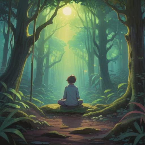 A serene scene depicting a mystical forest, vibrant colors, ethereal light filtering through the trees, a figure meditating with a peaceful expression, gentle aura surrounding the head, symbolic butterflies fluttering nearby, sense of healing and tranquility, nature’s embrace, 4k