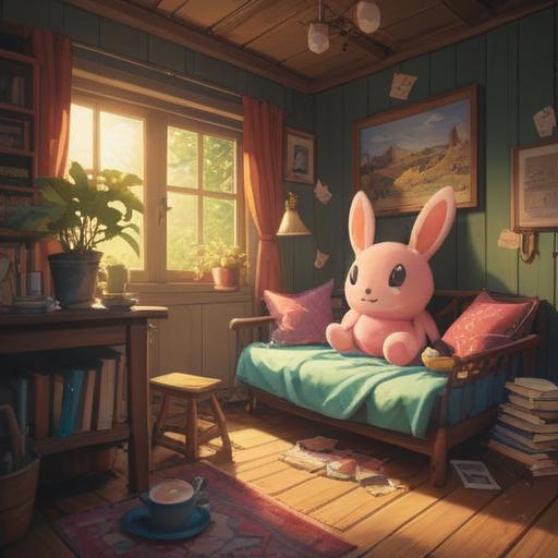 A whimsical illustration of a cozy room, featuring a plush ear-shaped pillow, soothing herbal tea on a wooden table, warm sunlight streaming through a window, a gentle breeze stirring the curtains, calming colors, peaceful ambiance, charm of lucky items, 4k