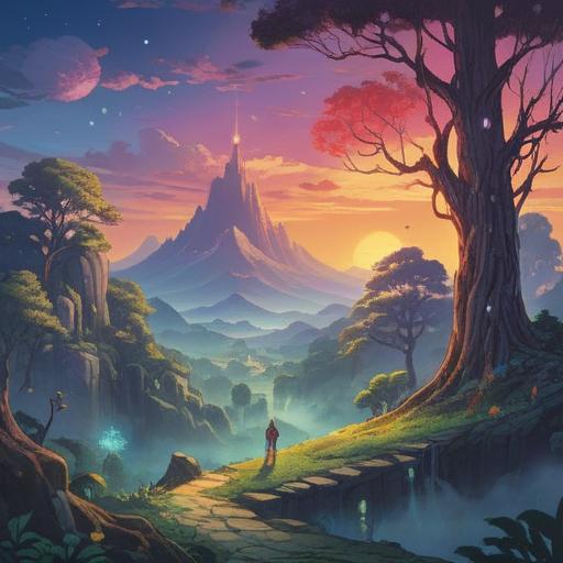 A mystical landscape depicting spiritual signs associated with enlarging earlobes, serene environment, ancient trees with glowing symbols, soft ethereal light, a meditative figure in deep thought, vibrant energy flowing around, harmonious nature, 4k