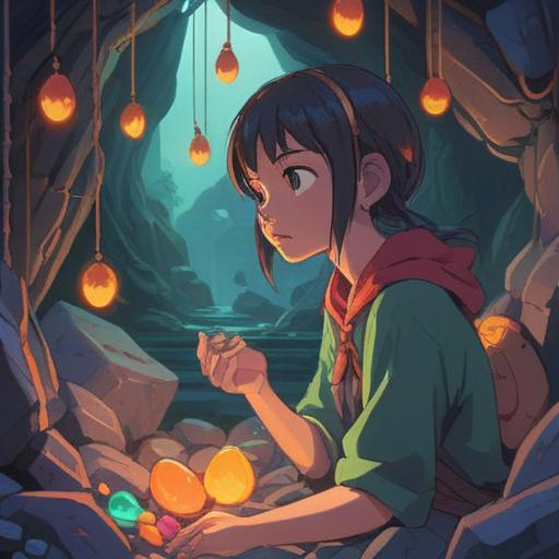 A whimsical scene depicting a person noticing their enlarged earlobes, surrounded by colorful lucky stones, soft glow emanating from the stones, playful and curious expression on the person's face, lush green background, magical atmosphere, enchanted feel, vibrant colors, 4k