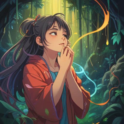 A whimsical illustration depicting a person scratching their earlobe, ethereal light surrounding them, vibrant colors representing energy flow, serene expression conveying the spiritual significance, symbolic elements like gentle waves or flowing patterns in the background, dreamlike atmosphere, 4k