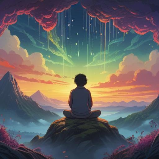 A serene and mystical landscape, featuring a person sitting in meditation, surrounded by ethereal light and colorful sound waves, symbolic representations of spirituality, gentle nature elements like trees and flowing water, a sense of tranquility and enlightenment, vibrant colors, harmonious atmosphere, 4k