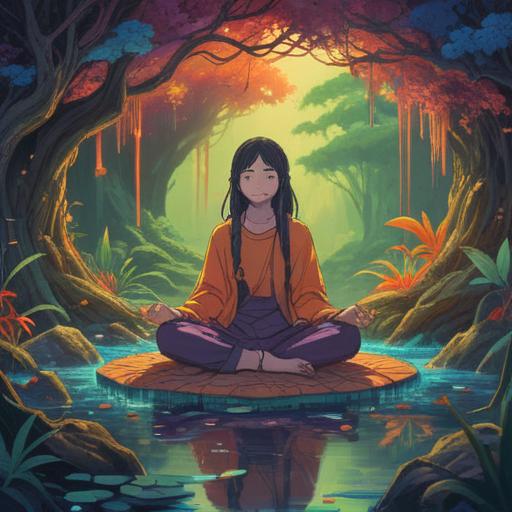 A serene and mystical scene depicting a person meditating in a tranquil environment, surrounded by vibrant aura colors representing sound waves, subtle visual representations of ringing tones gently circling around their head, soft glowing orbs symbolizing spiritual awareness, lush nature backdrop with gentle light filtering through trees, calm atmosphere, peaceful expression on the person’s face, 4k
