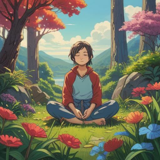 A serene illustration depicting a person sitting peacefully in nature, surrounded by vibrant flowers and gentle sunlight, meditating with closed eyes, open book beside them symbolizing knowledge and growth, calm expression reflecting inner peace, subtle hints of sound waves in the air representing communication with oneself, inspiring atmosphere, 4k