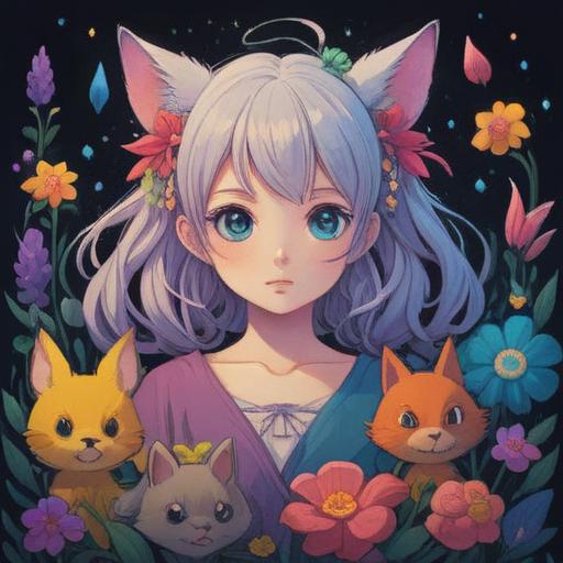 A thoughtful and serene illustration, a gentle character with small ears, surrounded by blooming flowers symbolizing awareness and growth, soft pastel colors, sunlight filtering through leaves, emotional expression of discovery, peaceful atmosphere, whimsical and enchanting, 4k