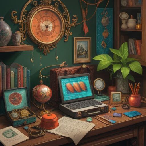 A serene still life featuring lucky items for people with hearing loss, various symbolic objects such as a pair of ornate vintage hearing aids, a four-leaf clover, a gentle bell, and calming stones, arranged on a wooden table, soft natural lighting illuminating the scene, warm and inviting atmosphere, emphasizing hope and support, 4k