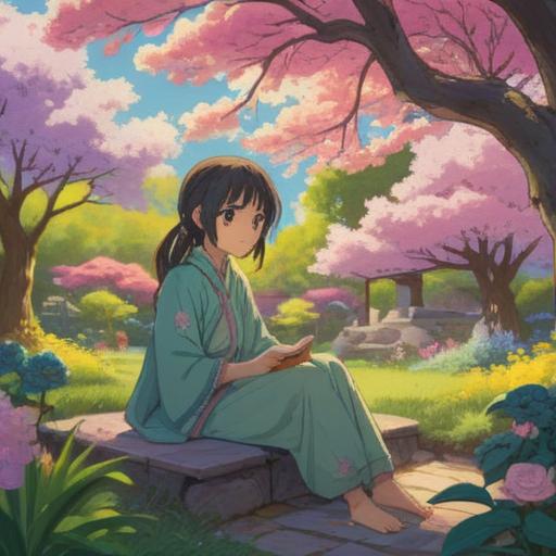 A serene and contemplative scene, a person sitting in a tranquil garden, surrounded by soft blossoms, ethereal light filtering through the trees, symbols of communication like butterflies and birds flying around, a gentle breeze hinting at connection beyond words, deep expression of inner peace, reflective mood, spiritual essence, 4k