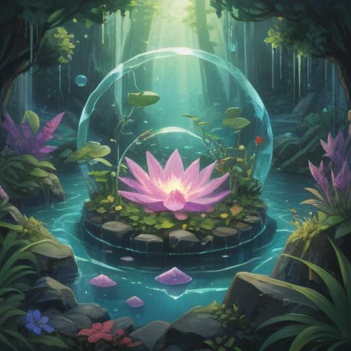 A serene illustration of crystals arranged in a harmonious circle, soft light illuminating each crystal, surrounded by lush greenery, gentle flowing water in the background, a meditative figure sitting peacefully, evoking tranquility and spiritual healing, nature-inspired elements, calming atmosphere, 4k