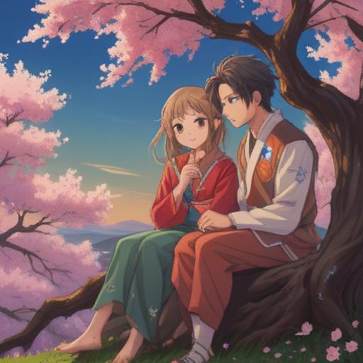 A serene and mystical scene depicting a couple sitting under a blossoming cherry tree, whispering secrets to each other, gentle wind rustling the leaves, soft sunlight filtering through the branches, an aura of spirituality surrounding them, subtle hints of ethereal energy, symbolic representation of love and intuition, highlighting the spiritual signs and connection, 4k