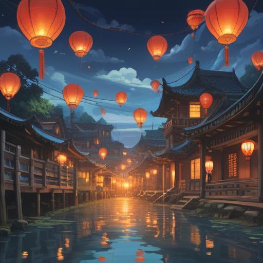 A serene and reflective landscape, symbolic imagery of transformation, mystical elements like floating lanterns, light beams breaking through clouds, a winding path leading towards a glowing horizon, vibrant colors conveying hope and growth, tranquil atmosphere, inspiring and uplifting, 4k