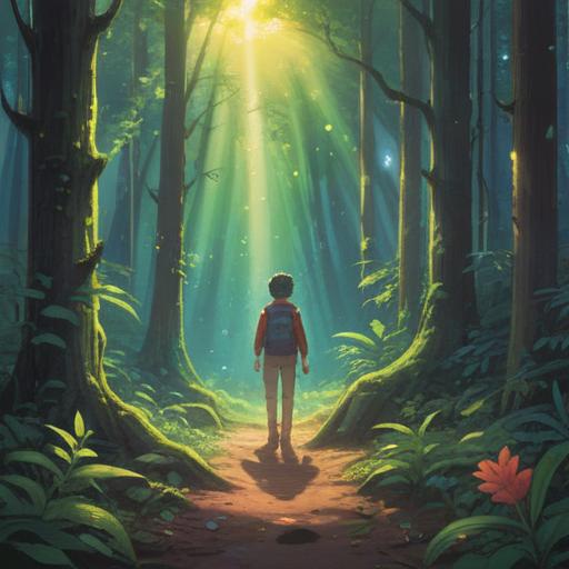 A serene and uplifting scene depicting a person standing at the edge of a beautiful forest, soft rays of sunlight filtering through the trees, colorful flowers blooming around, symbols of good omens and spiritual awakening subtly integrated in the background, a gentle breeze creating a peaceful atmosphere, ethereal light surrounding the individual, conveying a sense of hope and new beginnings, high resolution