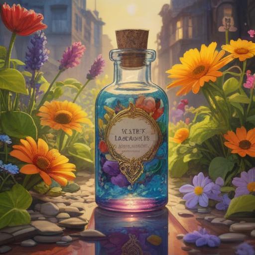 A serene and inviting scene, a beautiful bottle of essential oil labeled