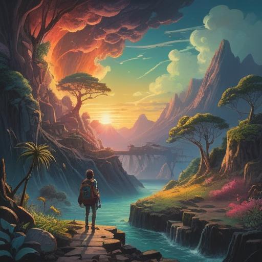 A surreal landscape depicting an endless series of challenges, symbolic obstacles representing life's problems, ethereal light illuminating the scene, a figure navigating through trials, abstract representations of spiritual growth, vivid colors, dreamlike atmosphere, intricate details, thought-provoking imagery, 4k