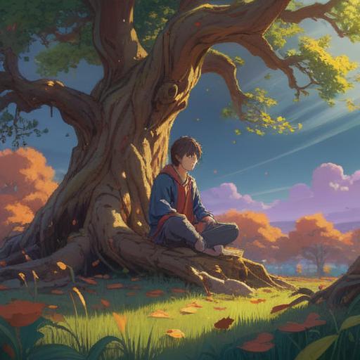 A serene landscape depicting a person meditating under a large tree, subtle signs of trouble in the environment like falling leaves and dark clouds, ethereal light breaking through, symbols of spiritual guidance like feathers and orbs, a sense of calm amidst chaos, representing awareness of spiritual signs, 4k