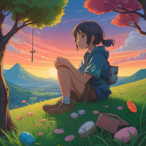 A serene and peaceful scene, a person sitting cross-legged on a grassy hill, surrounded by colorful lucky charms, each emitting a soft glow, a bright blue sky with fluffy clouds, a gentle breeze rustling the leaves, warm sunlight illuminating the scene, conveying a sense of tranquility and personal happiness, 4k