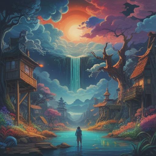 A mystical scene depicting the flow of life, vibrant colors, symbolic representations of ailments like clouds passing, transformative elements, ethereal beings guiding through challenges, light breaking through darkness, harmony within chaos, spiritual enlightenment journey, serene atmosphere, 4k