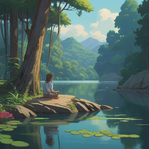 A serene nature scene featuring a tranquil lake surrounded by lush greenery, a person meditating on a smooth rock by the water's edge, gentle sunlight filtering through the trees, calm waters reflecting the sky, soothing color palette, peaceful atmosphere, birds gently flying in the background, subtle hints of mindfulness practices, clear blue sky, 4k