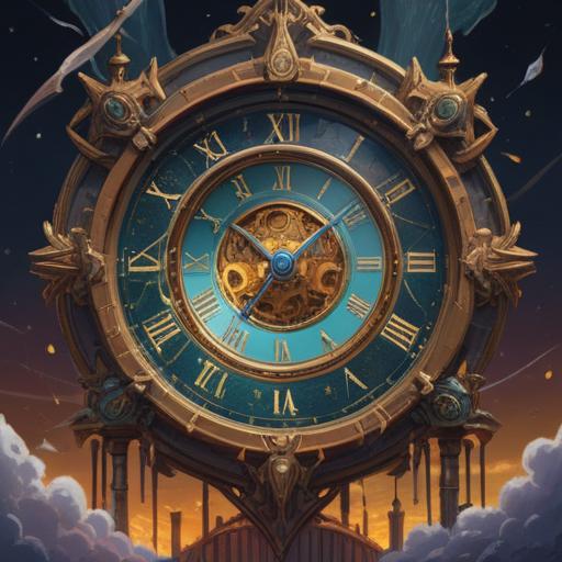 A broken clock surrounded by ethereal light, symbolizing the passage of time and spiritual awakening, fragments of the clock floating in the air, mystical energies radiating from the shattered pieces, serene background with soft clouds, light beams illuminating the scene, dreamlike atmosphere, thought-provoking imagery, 4k