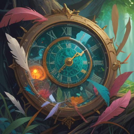 A mystical and ethereal scene depicting a shattered clock, shards glimmering with light, surrounded by nature, symbolic elements like feathers and glowing orbs, a serene atmosphere, representing spiritual awakening and positive signs, gentle rays of sunlight filtering through trees, evocative color palette, 4k