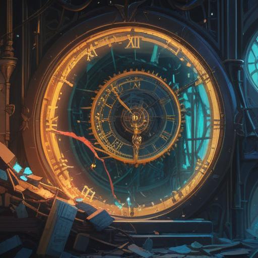 A mystical scene depicting a shattered clock, fragments reflecting soft light, symbols of time and spirituality emerging from the pieces, ethereal glow surrounding the clock, celestial patterns in the background, a serene atmosphere, deep blues and silvers, intriguing details hinting at spiritual significance, 4k