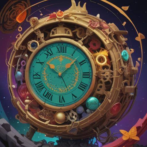 A broken clock symbolizing the turning of fortune, lucky items scattered around, vibrant colors, mystical aura, elements of good luck such as four-leaf clovers and horseshoes, detailed textures, enchanting atmosphere, elements of time and destiny intertwined, 4k