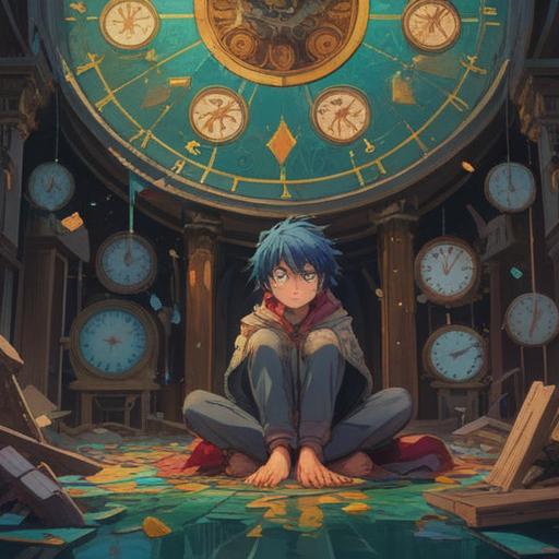 A serene and introspective scene depicting a person sitting cross-legged in a tranquil environment, shattered clock pieces scattered around, deep contemplation on their face, soft sunlight filtering through trees, peaceful nature surrounding them, embodying mindfulness and self-reflection, 4k