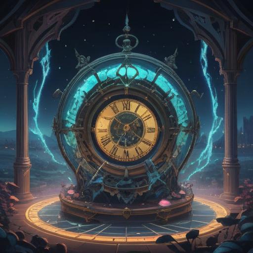 A mystical scene depicting the moment a clock starts moving, ethereal lights surrounding the clock, symbols of hope and guidance, soft glow illuminating the hands of the clock, a serene atmosphere, hints of nature in the background, subtle signs of spiritual energy, vibrant yet calming colors, 4k