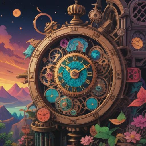 A whimsical illustration of a vintage clock coming to life, vibrant colors, intricate gears and mechanisms visible, enchanted atmosphere, various lucky items floating around such as four-leaf clovers and horseshoes, shimmering light, fantasy elements, detailed background, magical realism, 4k