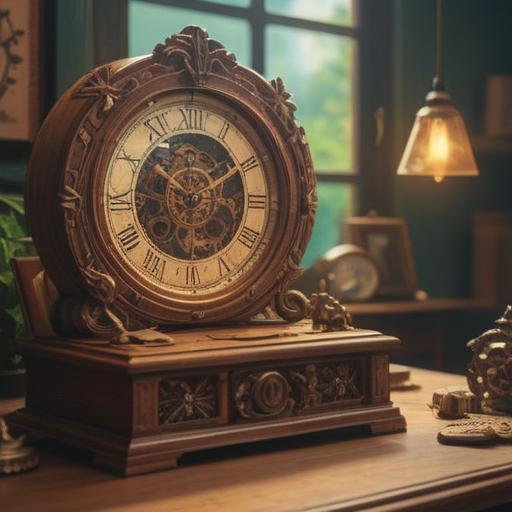 A serene lifestyle scene, a beautifully designed clock on a wooden table, sunlight filtering through a window, various good luck charms surrounding the clock, a steaming cup of tea, calming greenery in the background, elements of mindfulness and happiness, 4k