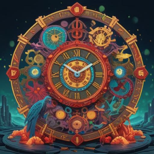 A vibrant illustration of a modern clock surrounded by symbols of good fortune, bright colors, cheerful atmosphere, a person joyfully interacting with the clock, magical elements symbolizing luck like four-leaf clovers and horseshoes, detailed background featuring a sunny day, positive energy radiating, 4k
