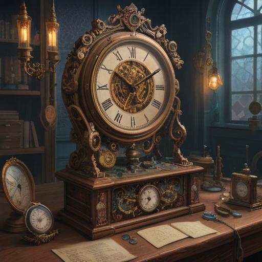 A serene scene of a skilled watchmaker repairing a vintage clock, surrounded by ethereal light and spiritual motifs, intricate gears and tools, a peaceful expression on the watchmaker's face, symbols of time and enlightenment, a warm and inviting workshop, 4k