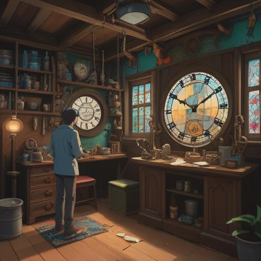 A serene workshop scene showing a clock repair artisan focused on fixing an intricate clock, soft light filtering through a window, timepieces of various designs surrounding him, warm and inviting atmosphere, subtle symbolism of time and spirituality, hands carefully working with tools, beautiful detail in clock mechanisms, 4k