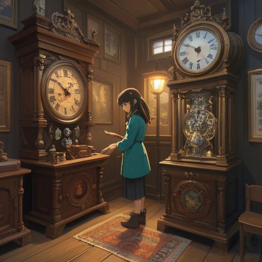 A serene workshop filled with antique clocks, gentle light illuminating the space, a skilled watchmaker carefully examining a timepiece, subtle spiritual symbols subtly integrated into the clock designs, a calming atmosphere, intricate gears and mechanisms, a sense of timelessness, 4k