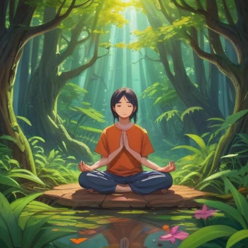 A serene scene depicting a person meditating in nature, surrounded by lush greenery and gentle sunlight filtering through the leaves, embodying peace and tranquility, soft colors, a tranquil atmosphere, nature's beauty, open and inviting space, symbolic elements representing good fortune, 4k