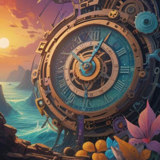 A spiritual illustration depicting a broken clock, symbolic representation of time's fluidity, soft ethereal colors, fragments of gears scattered around, glowing aura, a serene figure in meditation, surrounded by mystical symbols, reflecting inner peace and transformation, 4k