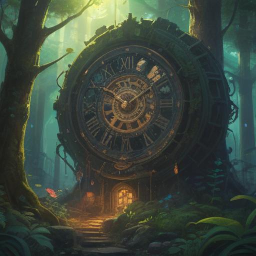 A broken clock hidden in an enchanting forest, mystical light filtering through the trees, intricate gears exposed, ethereal symbols glowing softly around, a sense of time standing still, a serene and spiritual atmosphere, vibrant colors, detailed foliage, 4k
