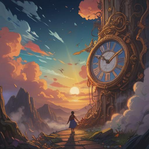 A broken clock symbolizing hope and change, a person taking a positive action, bright light breaking through clouds, vibrant colors representing luck and new beginnings, a serene setting with nature, uplifting atmosphere, inspirational design, 4k