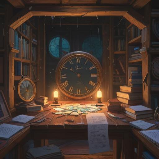 A broken clock symbolizing the passage of time, fragments scattered on a wooden table, a gentle light illuminating the scene, books and papers around suggesting knowledge, subtle hints of self-reflection, a serene and contemplative atmosphere, visual metaphors of growth and learning, 4k